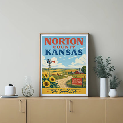 Poster for Norton County, Kansas with sunflowers, windmill, and text.