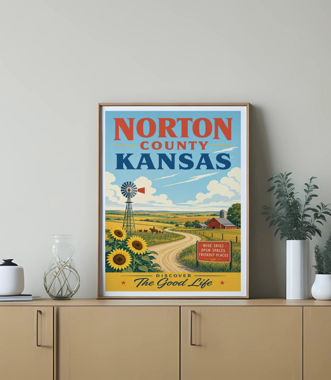 Poster for Norton County, Kansas with sunflowers, windmill, and text.