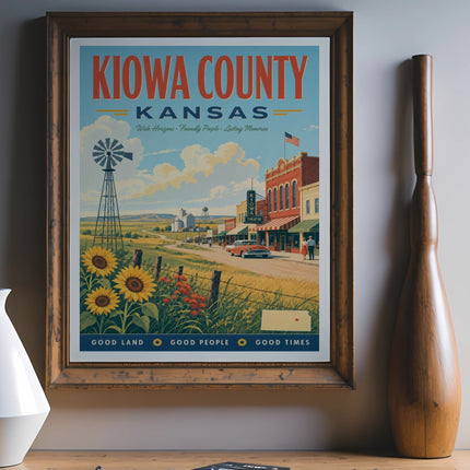 Kiowa County, Kansas vintage travel poster with sunflowers, windmill, and theatre.