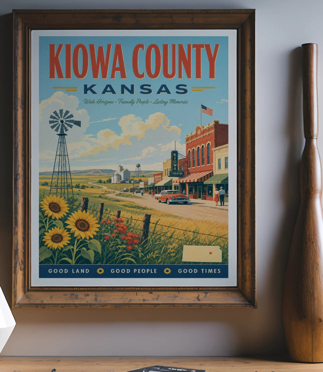 Kiowa County, Kansas vintage travel poster with sunflowers, windmill, and theatre.