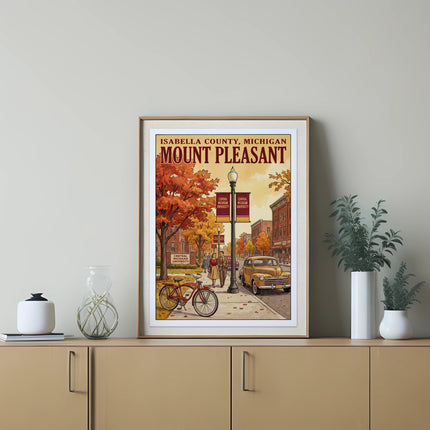 Vintage poster of Mount Pleasant, Michigan, showing the university.