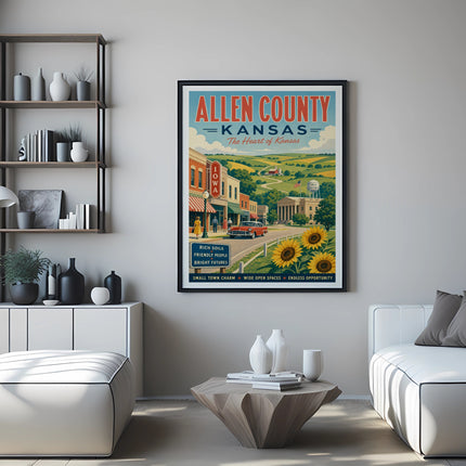 Vintage poster for Allen County, Kansas, featuring a red car and sunflowers.