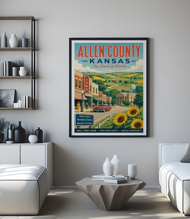 Vintage poster for Allen County, Kansas, featuring a red car and sunflowers.
