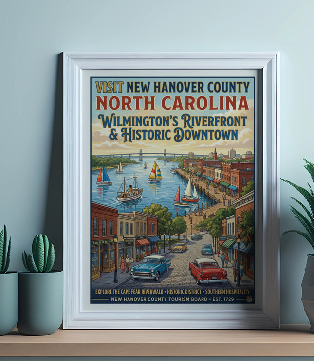 Vintage poster of Wilmington, North Carolina showing riverfront boats and historic downtown.