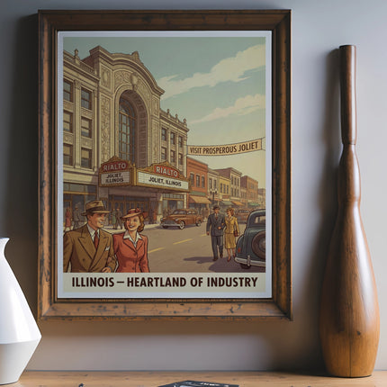 Vintage Rialto Theater poster for Joliet, Illinois, featuring art deco style.
