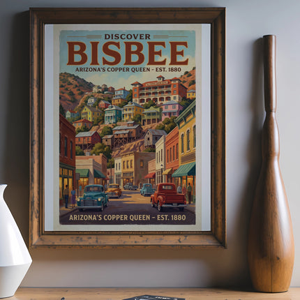 Vintage poster of Bisbee, Arizona with "Discover Bisbee" and "Arizona's Copper Queen" text.