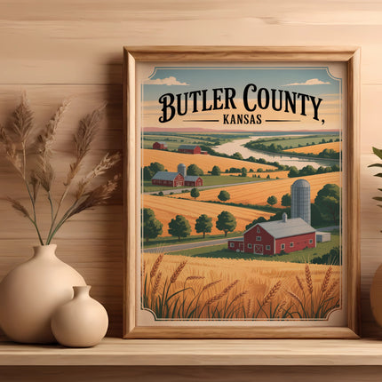 Framed art print showing a pastoral Butler County, Kansas landscape with farm buildings.