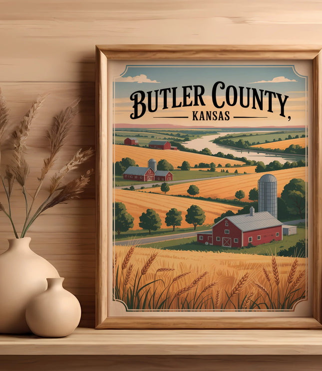 Framed art print showing a pastoral Butler County, Kansas landscape with farm buildings.