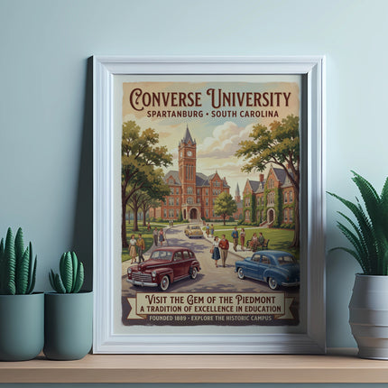 Converse University poster showing campus buildings, vintage cars, and people.