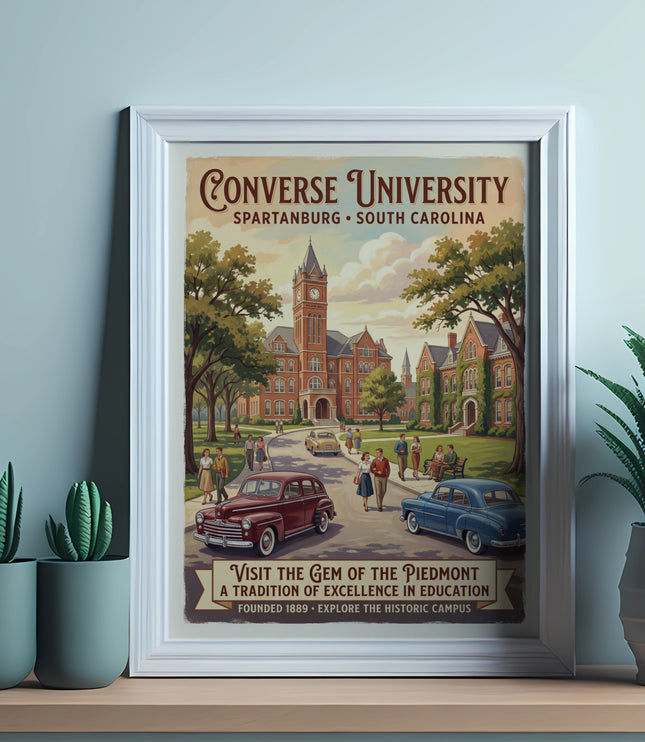 Converse University poster showing campus buildings, vintage cars, and people.