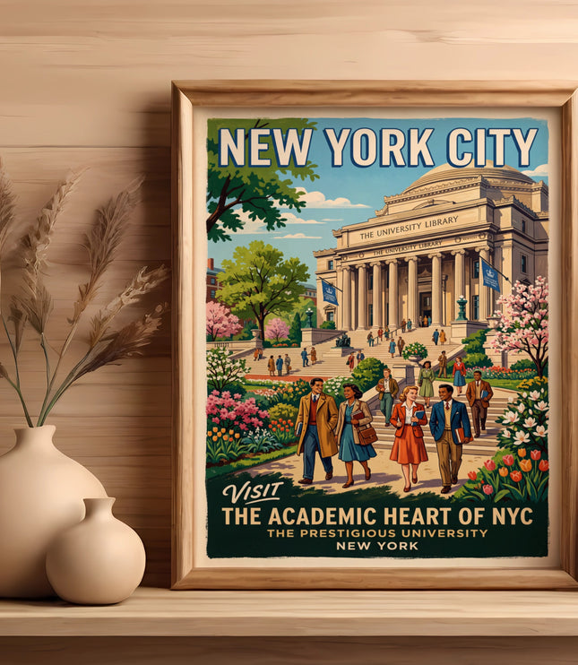 Vintage poster of New York City University Library with people on steps and text.