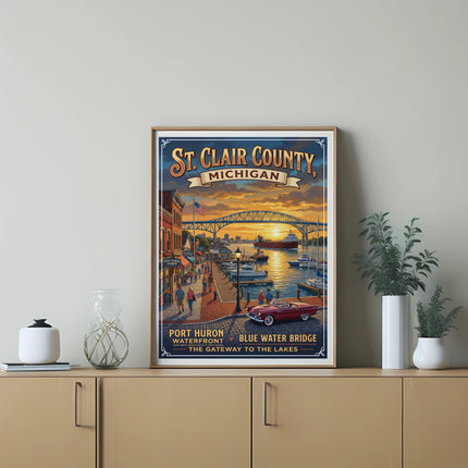 St. Clair County, Michigan poster featuring Port Huron waterfront and Blue Water Bridge.
