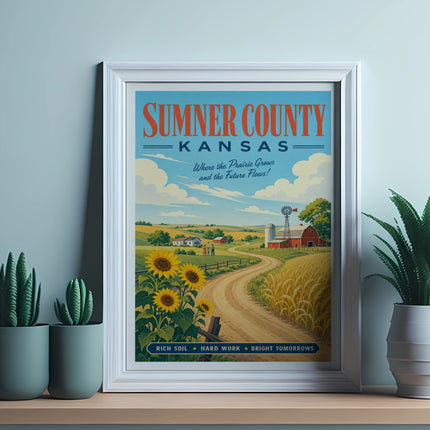 Sumner County Kansas poster with sunflowers, farm, and text about prairie growth.