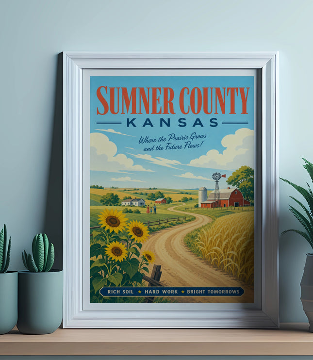 Sumner County Kansas poster with sunflowers, farm, and text about prairie growth.
