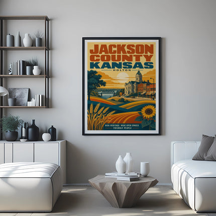 Vintage Jackson County Kansas poster with buildings, fields, and sunflower.
