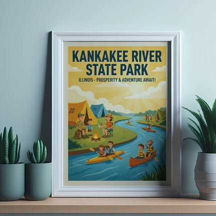Kankakee River State Park Illinois poster with people canoeing and camping.