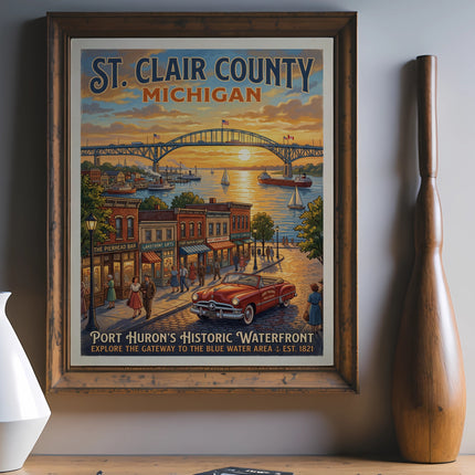 Vintage poster of St. Clair County, Michigan, depicting Port Huron's waterfront with a bridge and boats.