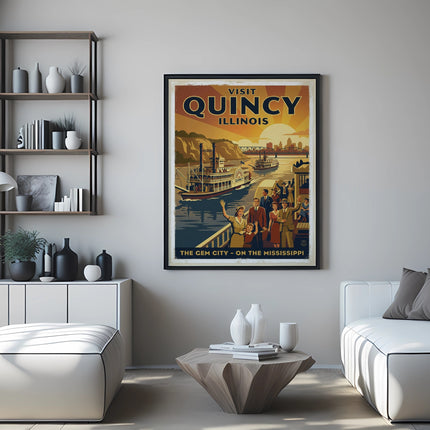 Vintage "Visit Quincy Illinois" travel poster depicting a steamboat on a river.