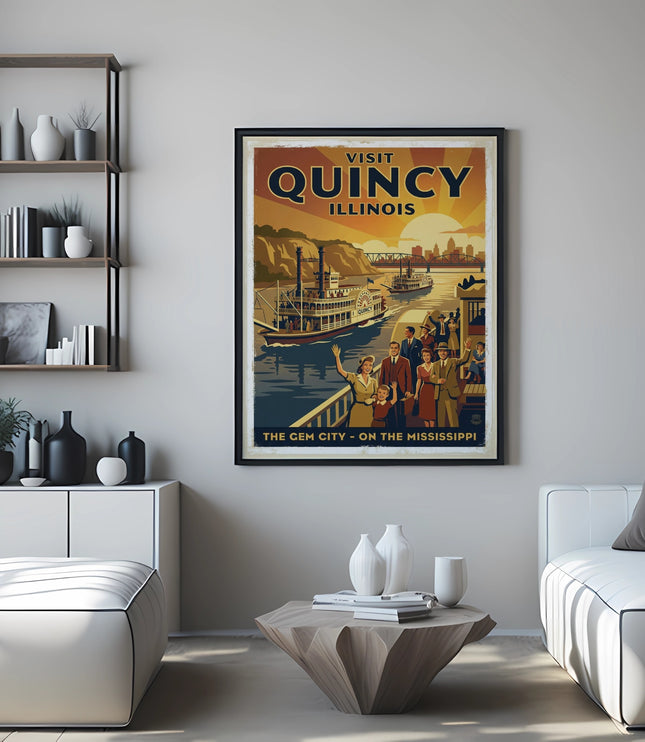 Vintage "Visit Quincy Illinois" travel poster depicting a steamboat on a river.