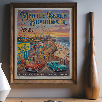 Myrtle Beach Boardwalk poster showing vintage cars, Ferris wheel, shops, and beachgoers.