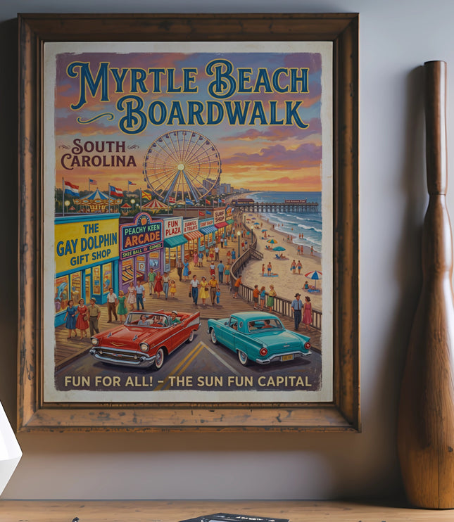 Myrtle Beach Boardwalk poster showing vintage cars, Ferris wheel, shops, and beachgoers.