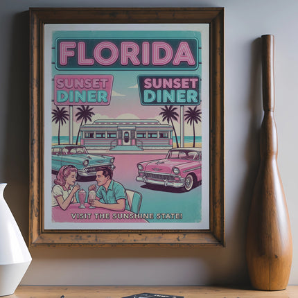 Retro Florida Sunset Diner advertisement with vintage cars and palm trees.
