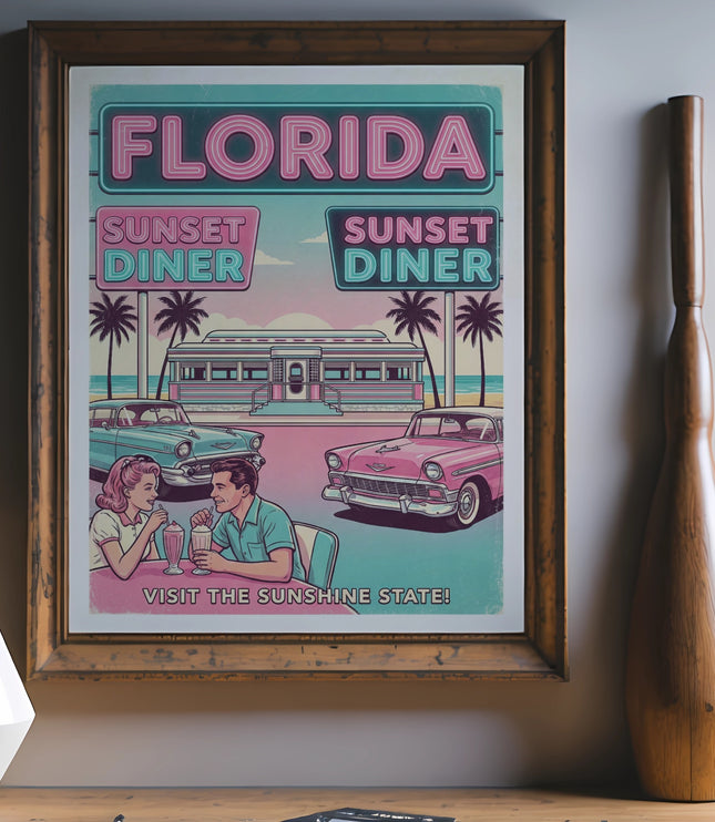 Retro Florida Sunset Diner advertisement with vintage cars and palm trees.