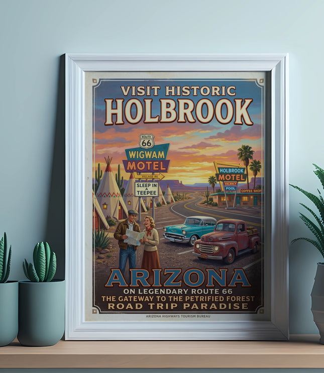 Holbrook Wigwam Motel Route 66 Arizona travel poster with vintage couple and cars.