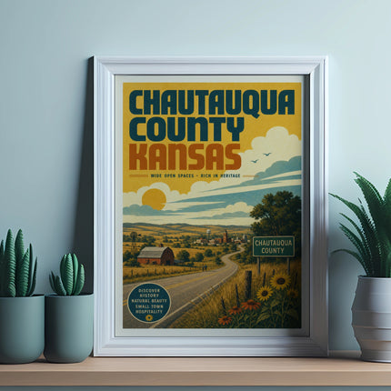 Chautauqua County, Kansas vintage travel poster with landscape and text.