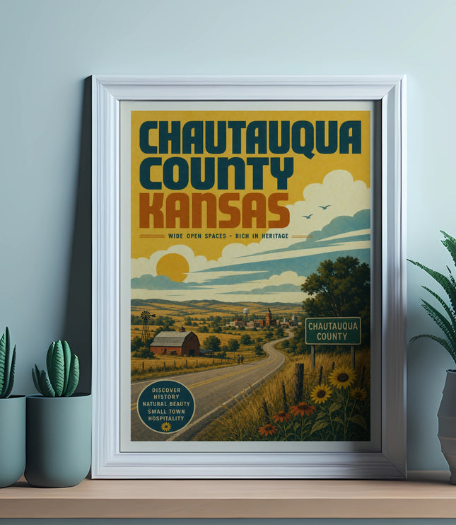Chautauqua County, Kansas vintage travel poster with landscape and text.