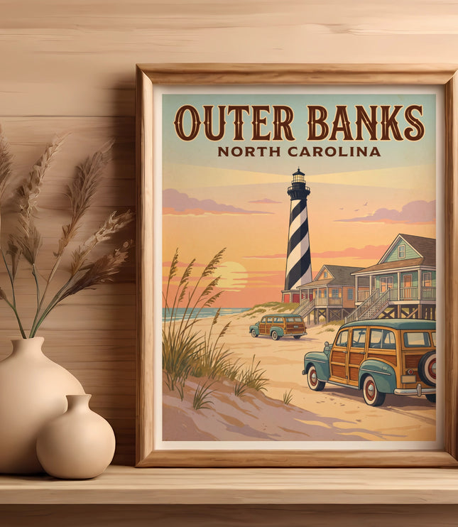 Framed Outer Banks North Carolina art with lighthouse and beach scene.