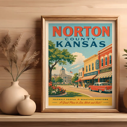 Vintage poster for Norton County, Kansas, featuring a street scene and text.
