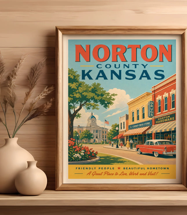 Vintage poster for Norton County, Kansas, featuring a street scene and text.