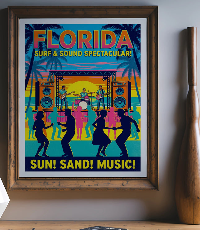 "Florida Surf & Sound Spectacular!" poster featuring a band playing on a stage, silhouettes dancing, and palm trees.