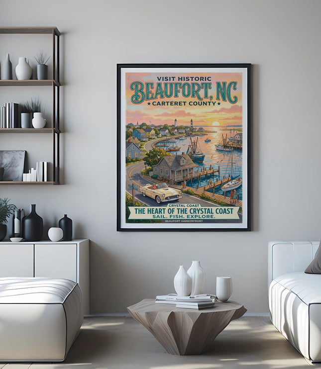 Poster of Beaufort, NC with harbor, classic car, and text "The Heart of the Crystal Coast".