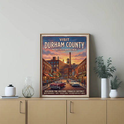 Retro poster of Durham County, North Carolina, featuring vintage cars and historic buildings.