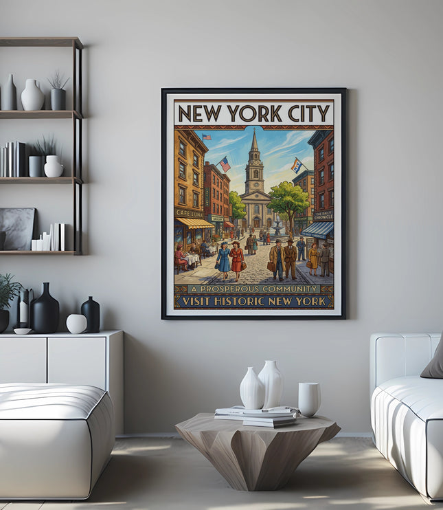 New York City poster with street scene and text: A Prosperous Community Visit Historic New York.