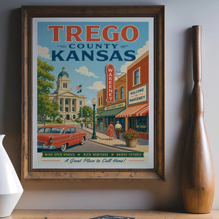 Vintage travel poster for Trego County, Kansas, featuring Wakeeney.