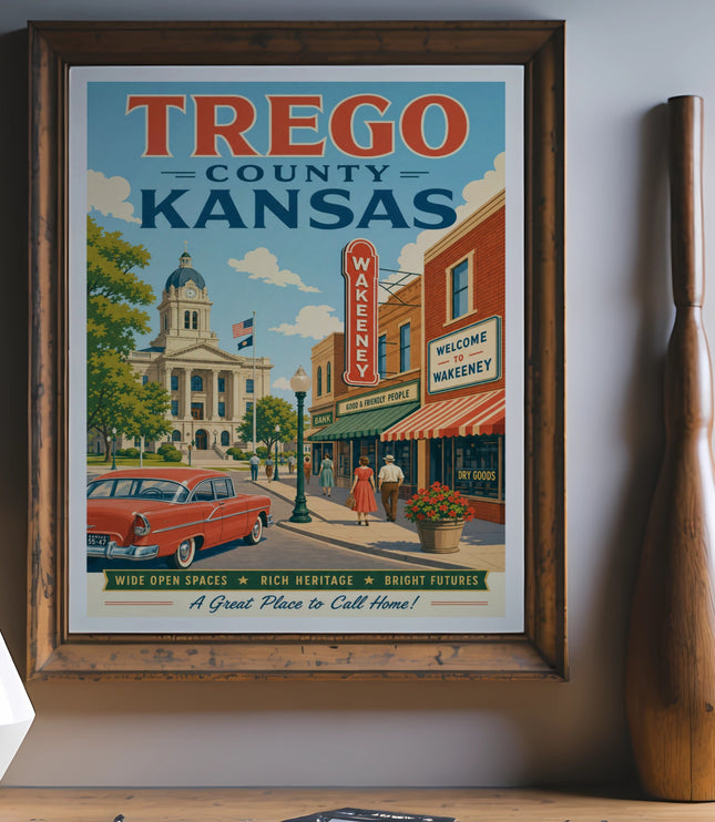 Vintage travel poster for Trego County, Kansas, featuring Wakeeney.
