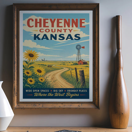 Cheyenne County, Kansas poster with sunflowers, windmill, and scenic landscape.
