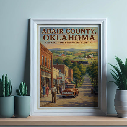 Adair County, Oklahoma vintage travel poster showing Stilwell, the strawberry capital.