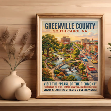 Greenville County, South Carolina vintage travel poster with downtown scene and waterfall park. Enjoy charming streets.