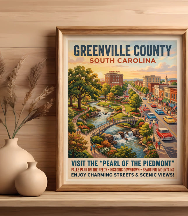 Greenville County, South Carolina vintage travel poster with downtown scene and waterfall park. Enjoy charming streets.