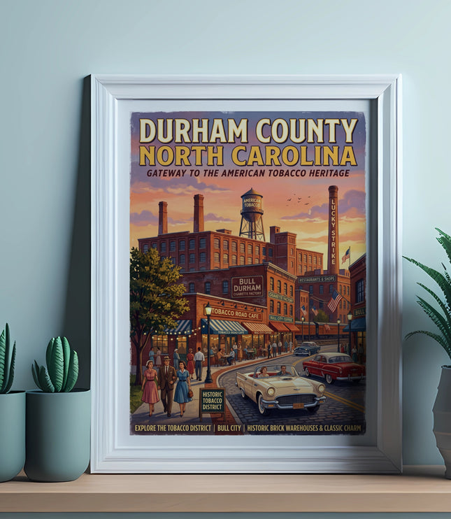 Durham County North Carolina tobacco heritage poster with vintage cars and buildings.