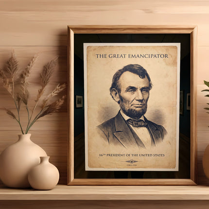 Framed portrait of Abraham Lincoln titled "The Great Emancipator," circa 1865.