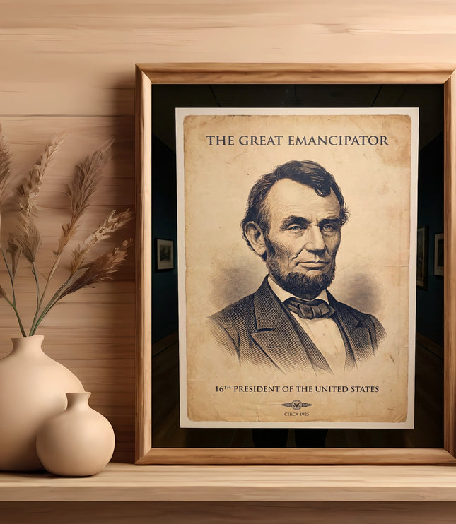 Framed portrait of Abraham Lincoln titled "The Great Emancipator," circa 1865.