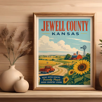 Retro poster for Jewell County, Kansas featuring sunflowers and a red truck.