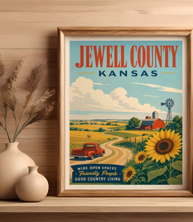 Retro poster for Jewell County, Kansas featuring sunflowers and a red truck.