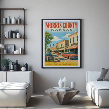 Poster for Morris County, Kansas, featuring historic buildings and text promoting tourism.