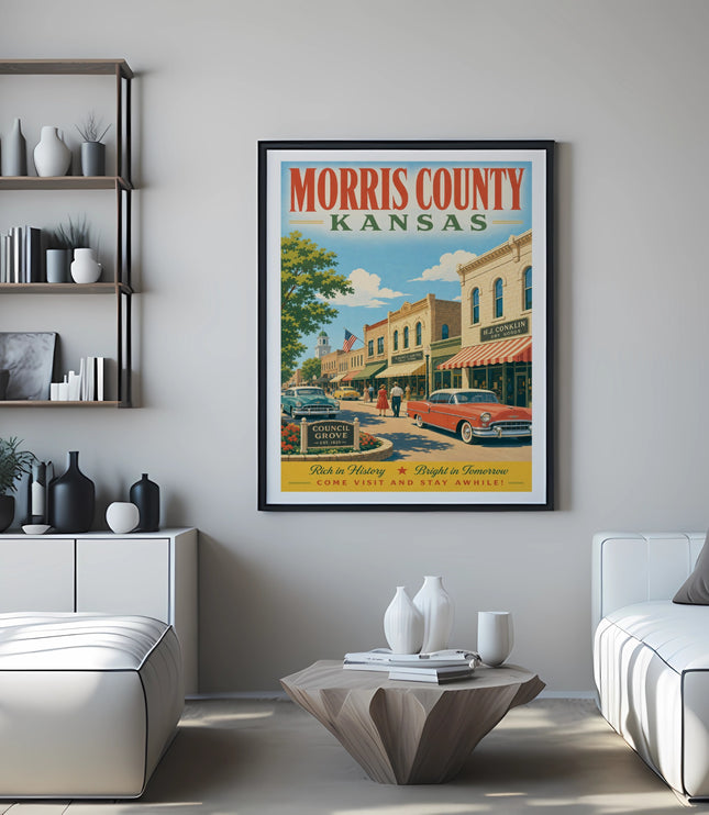 Poster for Morris County, Kansas, featuring historic buildings and text promoting tourism.